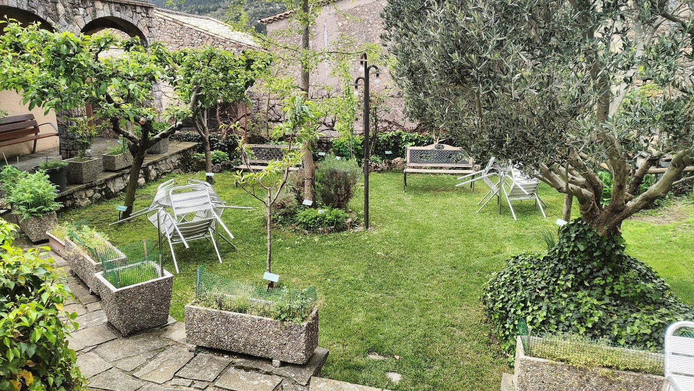 Jardí interior amb arbres fruiters i taules